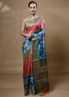 Blue Handloom Tussar Pure Silk Saree With Blouse Piece