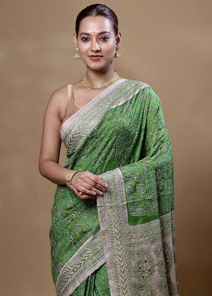 Green Handloom Tussar Pure Silk Saree With Blouse Piece