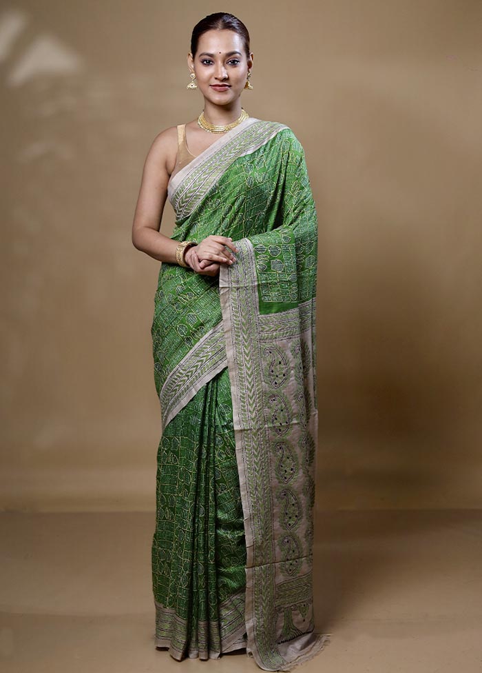 Green Handloom Tussar Pure Silk Saree With Blouse Piece