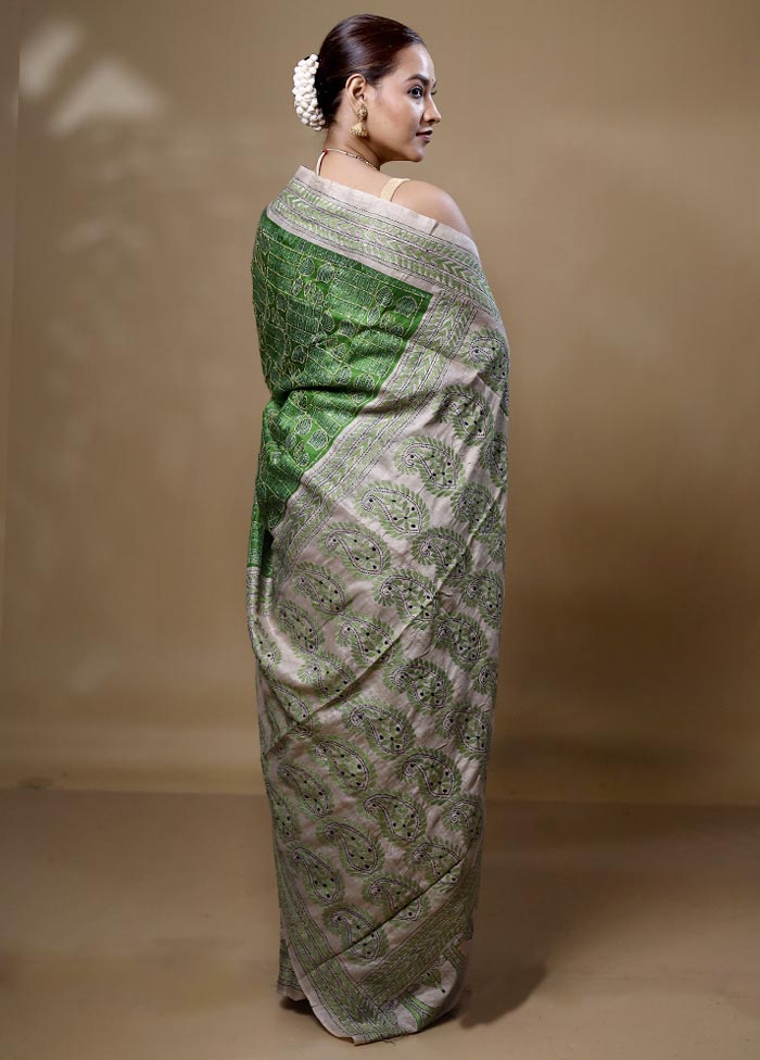 Green Handloom Tussar Pure Silk Saree With Blouse Piece