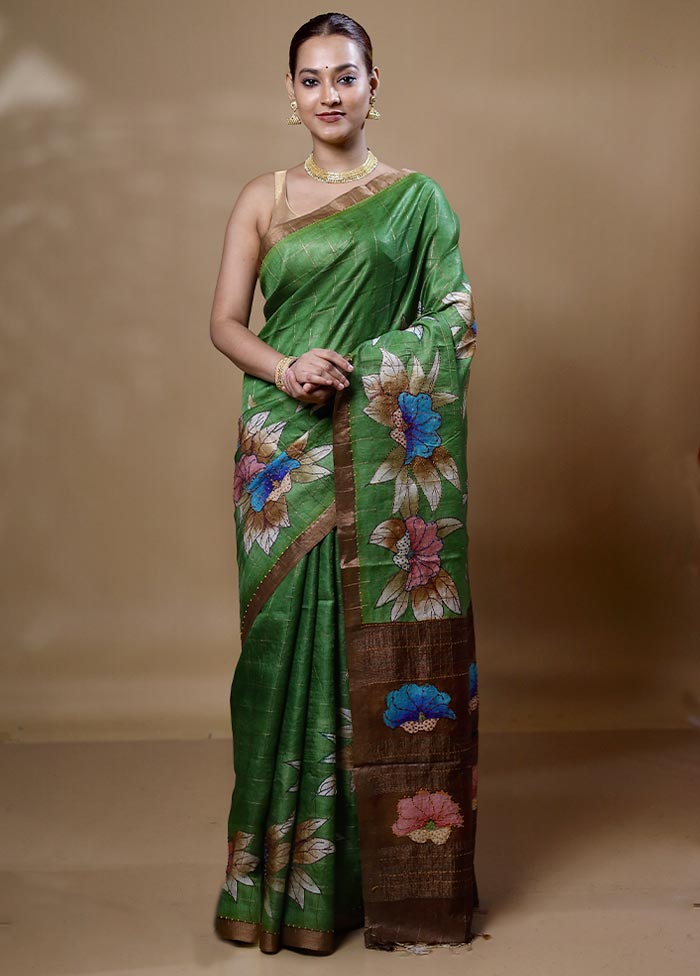 Green Handloom Tussar Pure Silk Saree With Blouse Piece