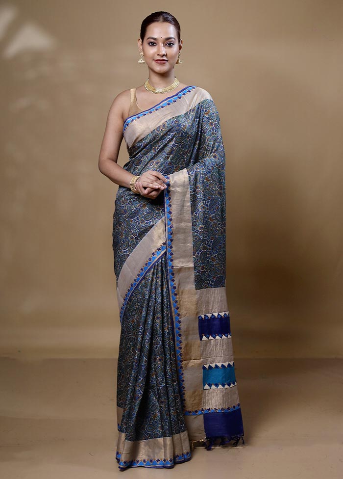 Grey Handloom Tussar Pure Silk Saree With Blouse Piece