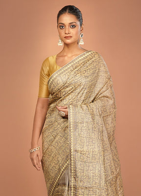 Cream Handloom Tussar Pure Silk Saree With Blouse Piece