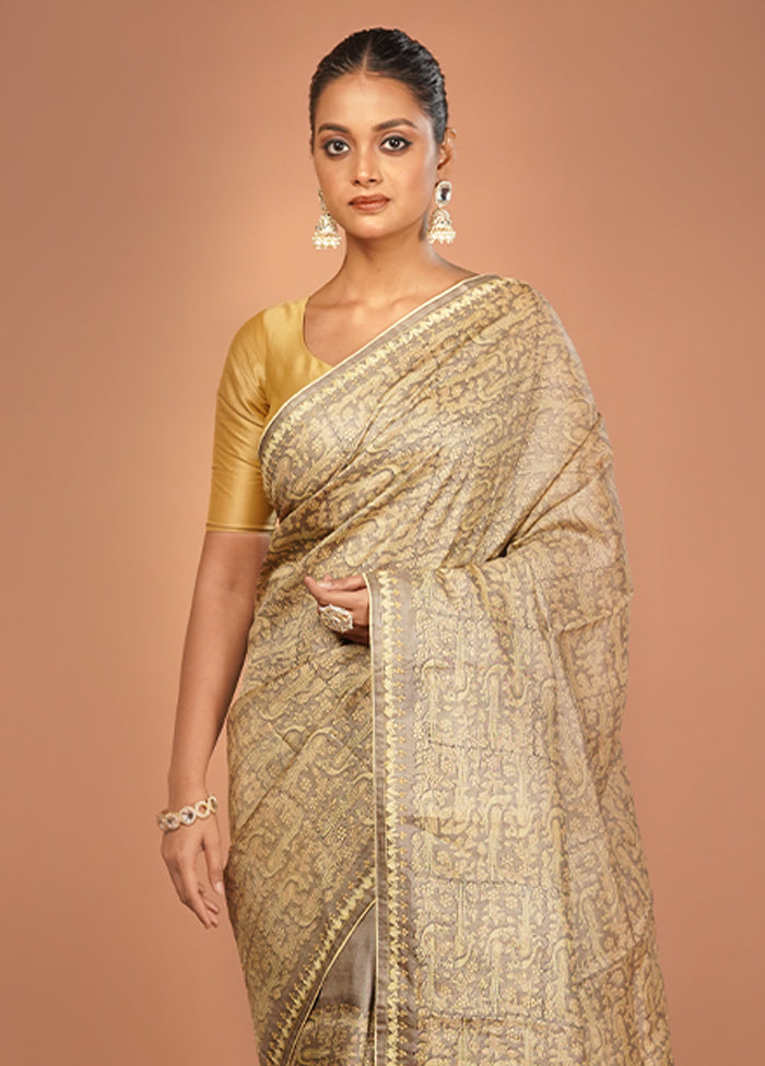 Cream Handloom Tussar Pure Silk Saree With Blouse Piece