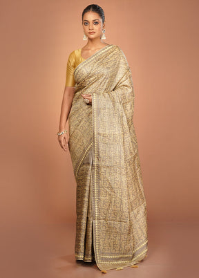 Cream Handloom Tussar Pure Silk Saree With Blouse Piece