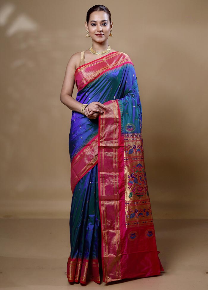 Blue Handloom Kanchipuram Pure Silk Saree With Blouse Piece