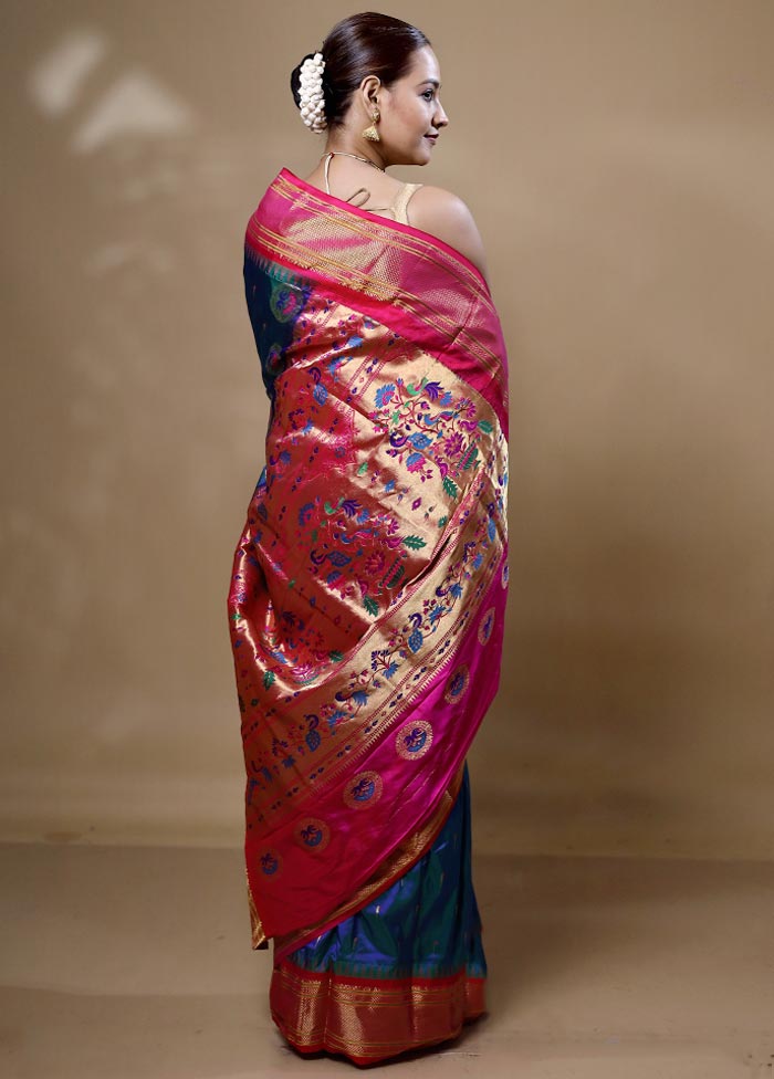 Blue Handloom Kanchipuram Pure Silk Saree With Blouse Piece