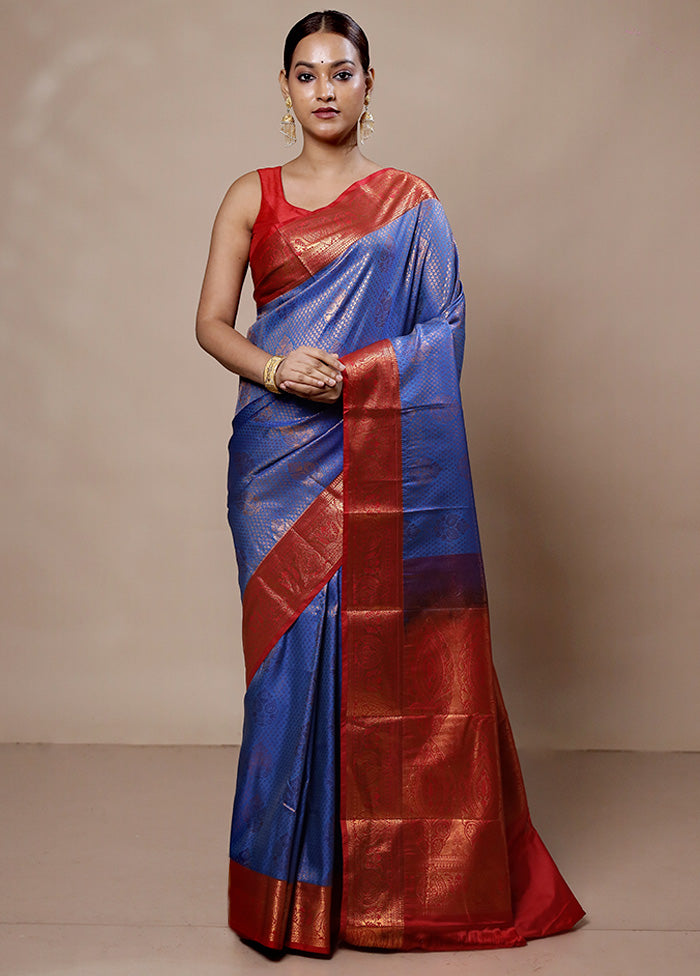 Blue Kanjivaram Silk Saree With Blouse Piece