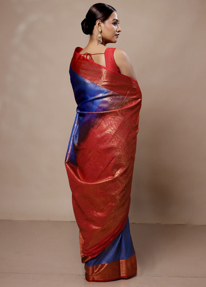 Blue Kanjivaram Silk Saree With Blouse Piece