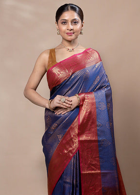 Blue Kanjivaram Silk Saree With Blouse Piece