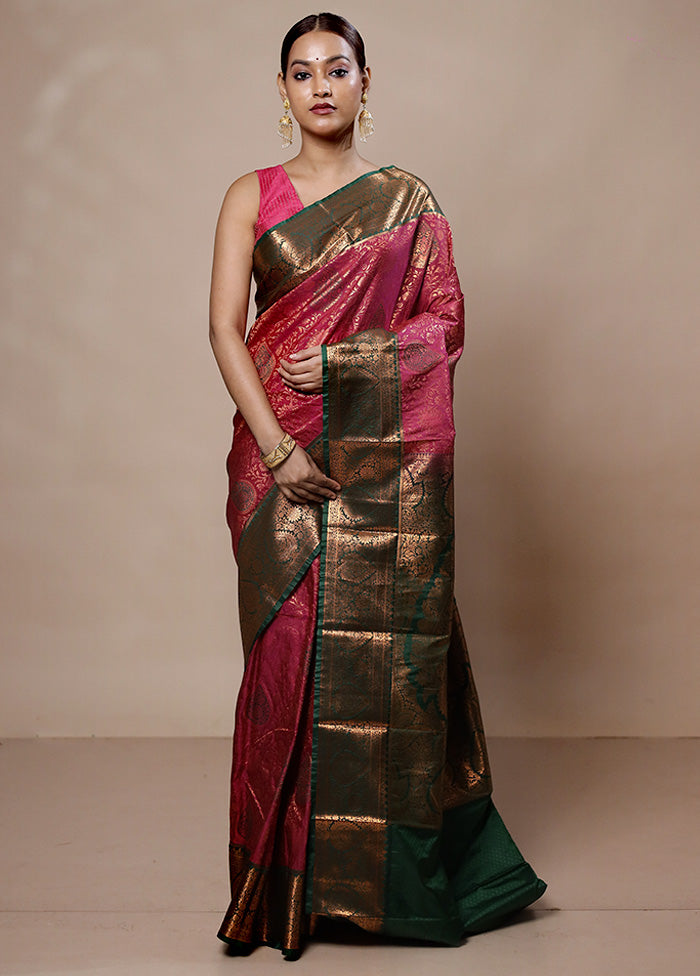 Pink Kanjivaram Silk Saree With Blouse Piece