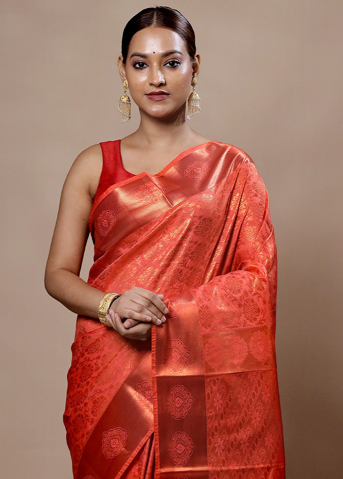 Peach Kanjivaram Silk Saree With Blouse Piece