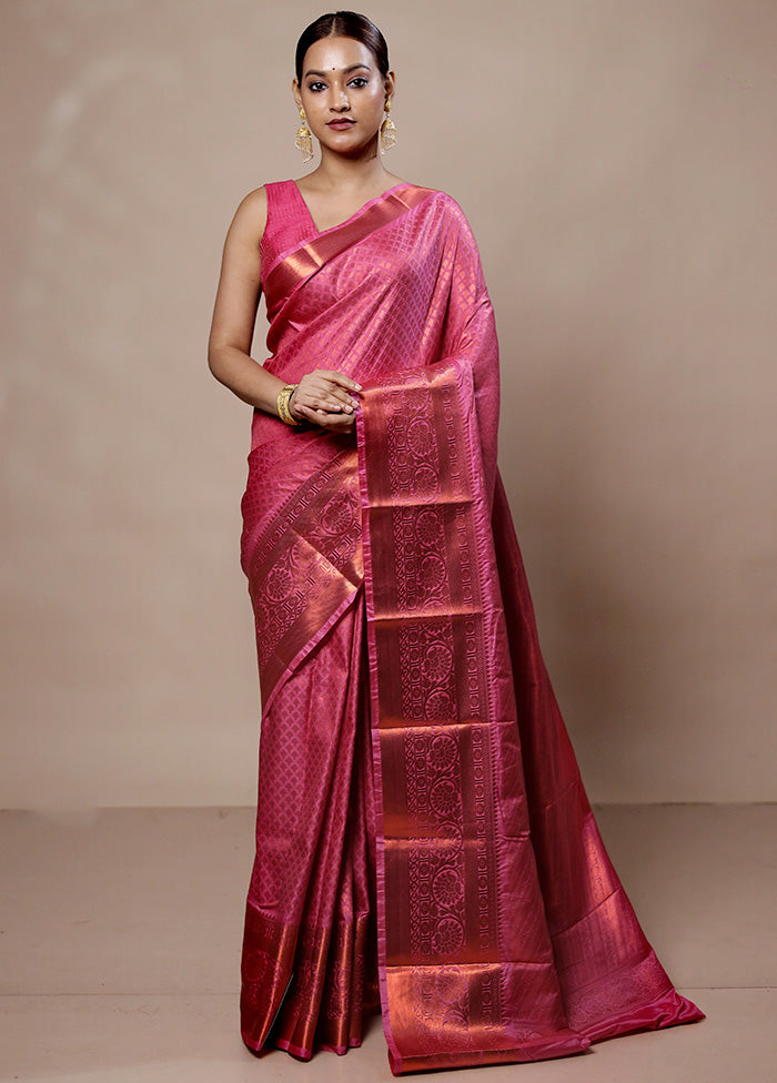 Pink Kanjivaram Silk Saree With Blouse Piece