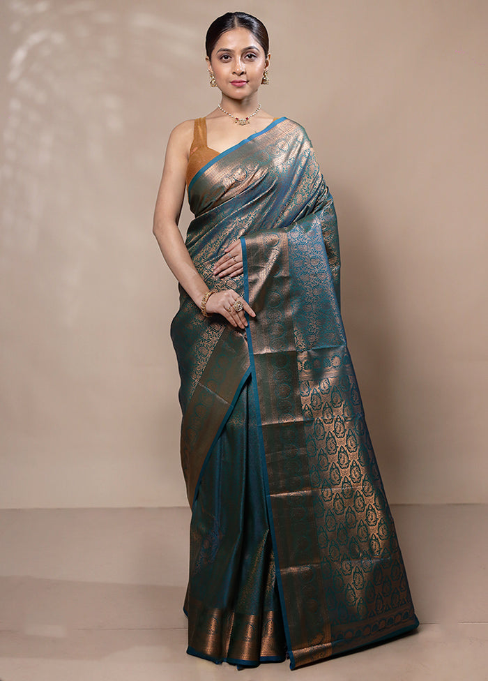 Blue Kanjivaram Silk Saree With Blouse Piece