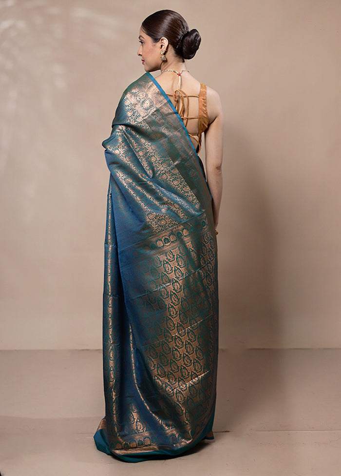 Blue Kanjivaram Silk Saree With Blouse Piece