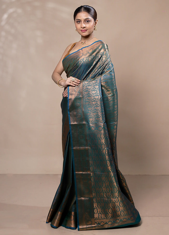 Blue Kanjivaram Silk Saree With Blouse Piece