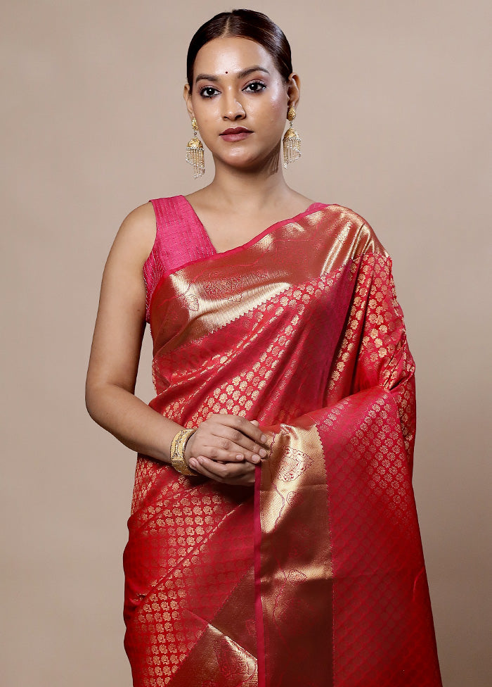 Pink Kanjivaram Silk Saree With Blouse Piece