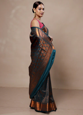 Blue Kanjivaram Silk Saree With Blouse Piece