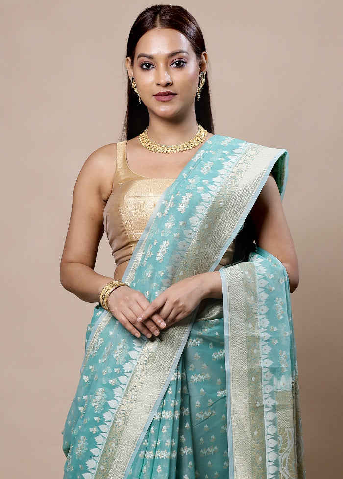 Blue Kora Silk Saree With Blouse Piece