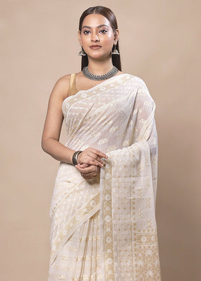 White Kora Silk Saree With Blouse Piece