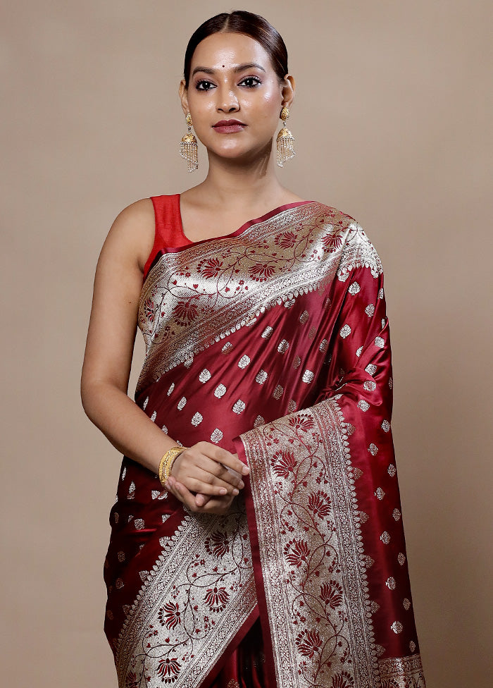 Maroon Banarasi Silk Saree With Blouse Piece