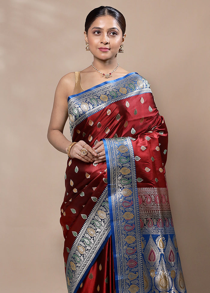 Maroon Handloom Banarasi Pure Silk Saree With Blouse Piece