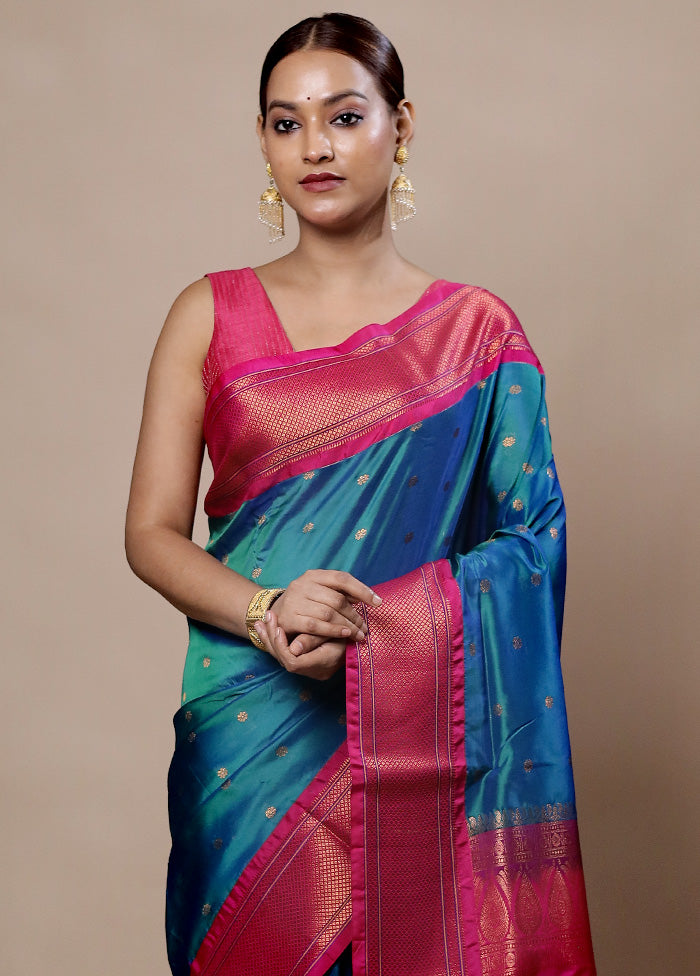 Blue Kanjivaram Silk Saree With Blouse Piece