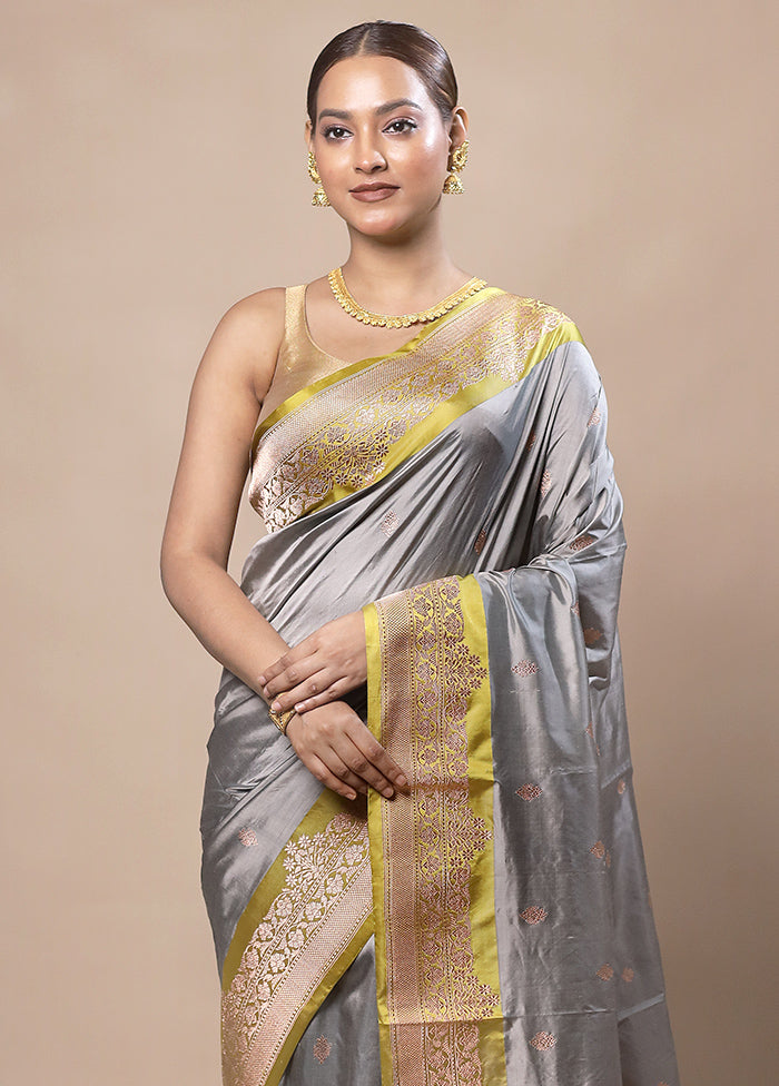 Grey Handloom Katan Pure Silk Saree With Blouse Piece