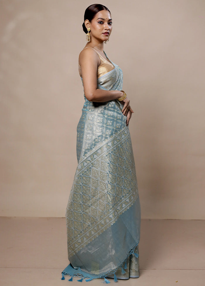 Blue Tissue Silk Saree With Blouse Piece