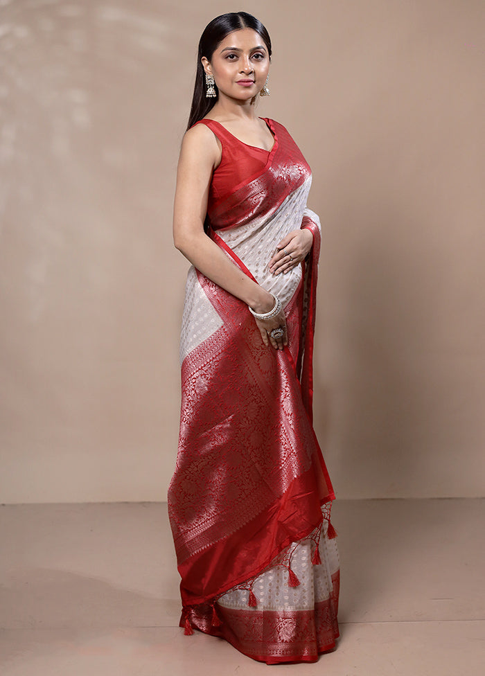 White Kora Silk Saree With Blouse Piece