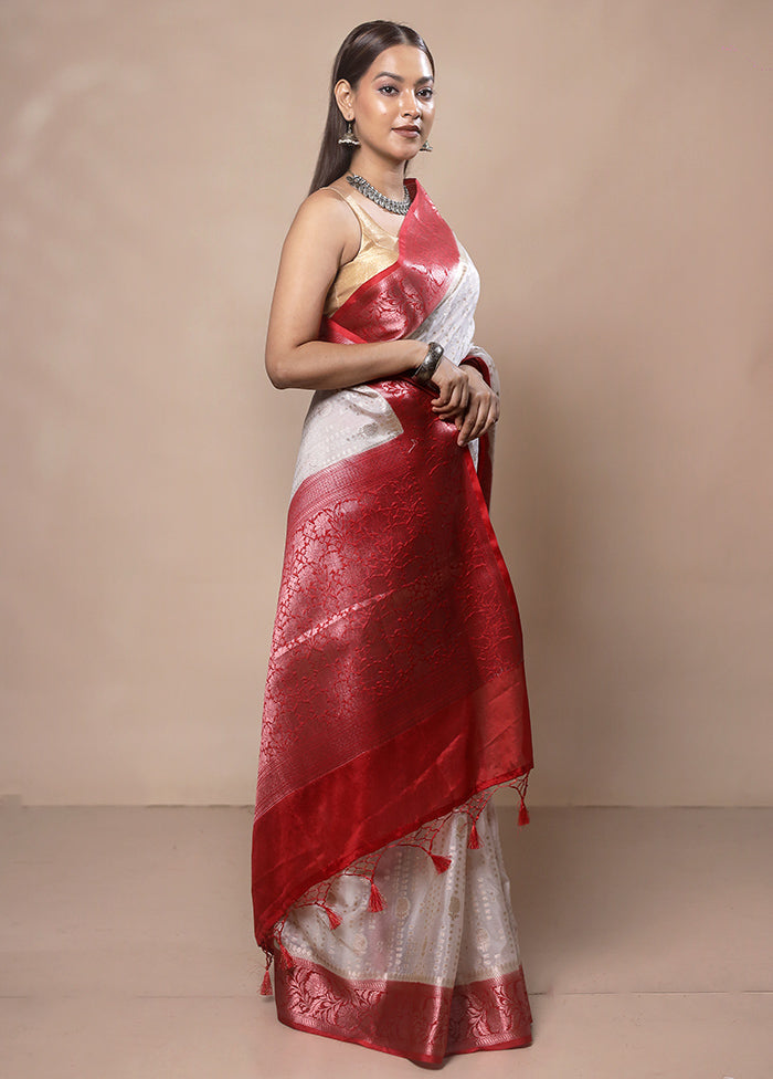 White Kora Silk Saree With Blouse Piece