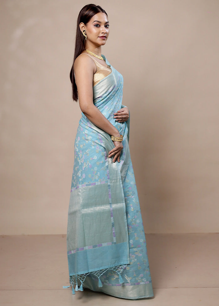 Blue Kora Silk Saree With Blouse Piece