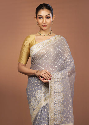 Grey Kora Silk Saree With Blouse Piece