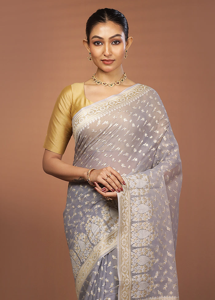 Grey Kora Silk Saree With Blouse Piece