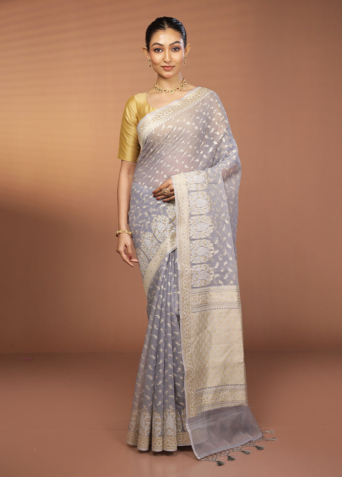 Grey Kora Silk Saree With Blouse Piece