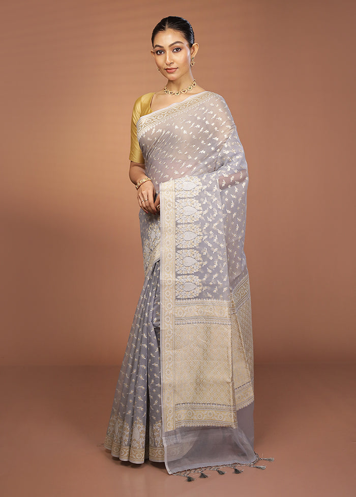 Grey Kora Silk Saree With Blouse Piece