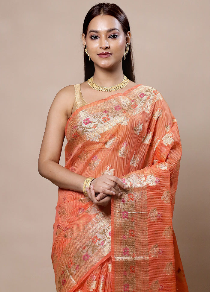 Peach Kora Silk Saree With Blouse Piece