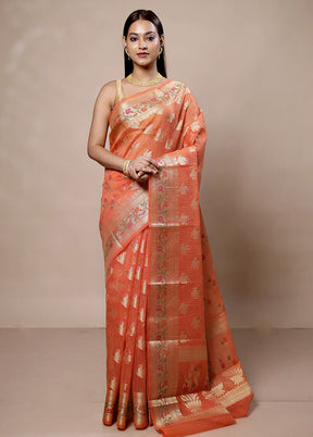 Peach Kora Silk Saree With Blouse Piece