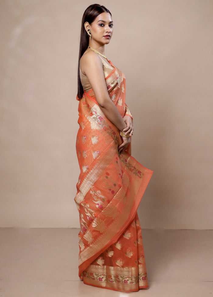 Peach Kora Silk Saree With Blouse Piece