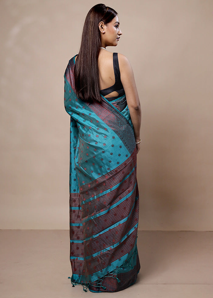 Blue Dupion Silk Saree With Blouse Piece