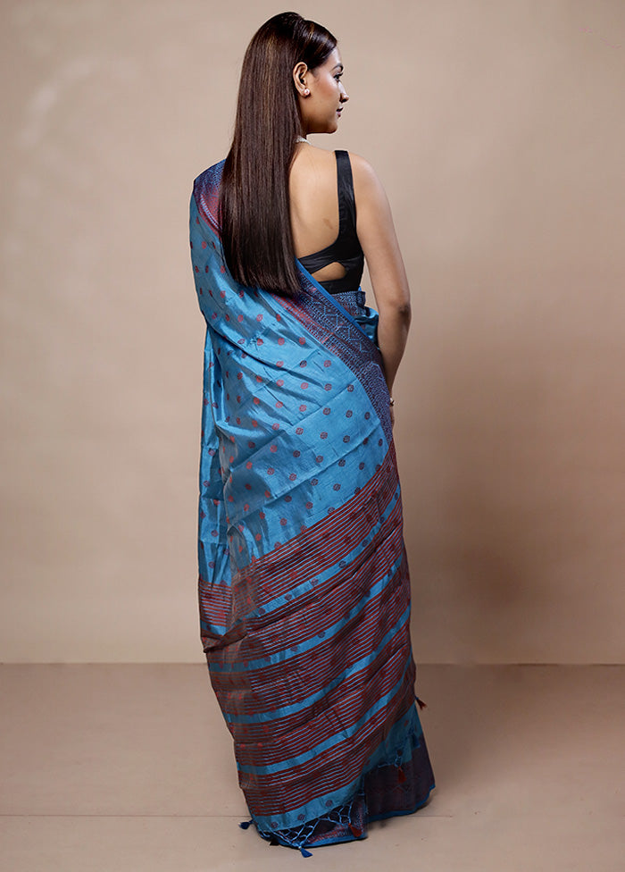 Blue Dupion Silk Saree With Blouse Piece