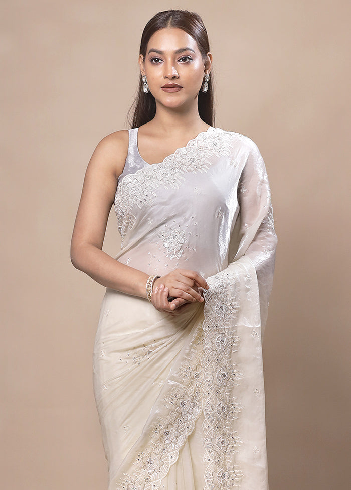 White Pure Handloom Jimmy Choo Saree With Blouse Piece