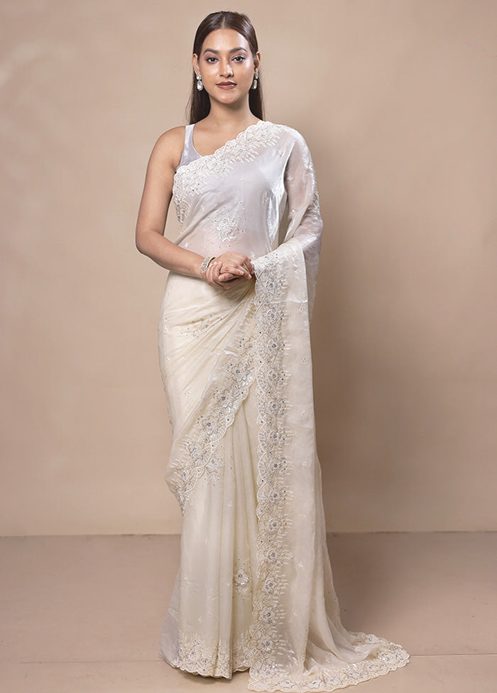 White Pure Handloom Jimmy Choo Saree With Blouse Piece