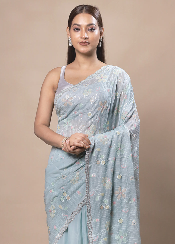 Sky Blue Silk Saree With Blouse Piece