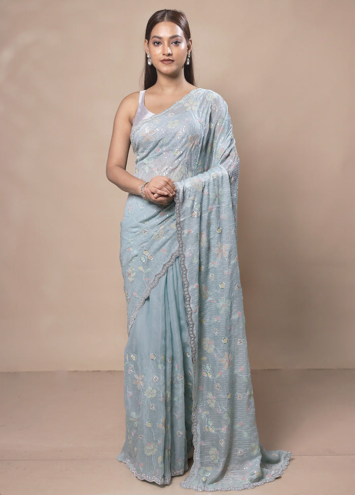 Sky Blue Silk Saree With Blouse Piece