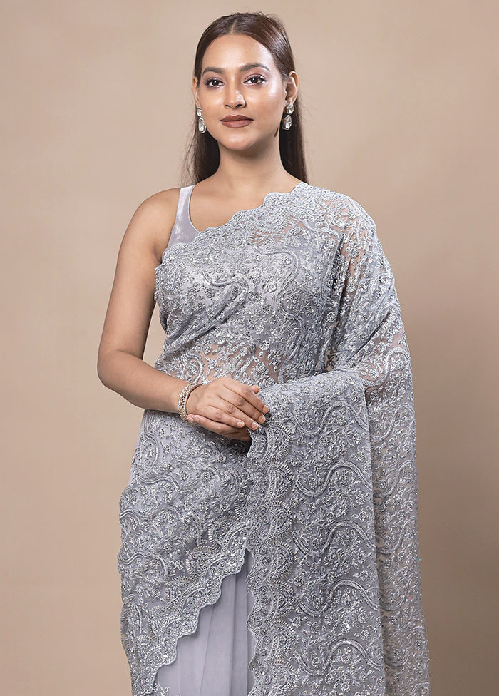 Grey Handloom Tissue Pure Silk Saree With Blouse Piece