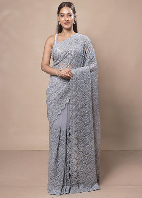 Grey Handloom Tissue Pure Silk Saree With Blouse Piece