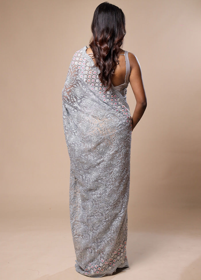 Grey Pure Handloom Silk Saree With Blouse Piece