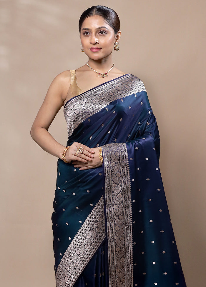 Navy blue Katan Silk Saree With Blouse Piece