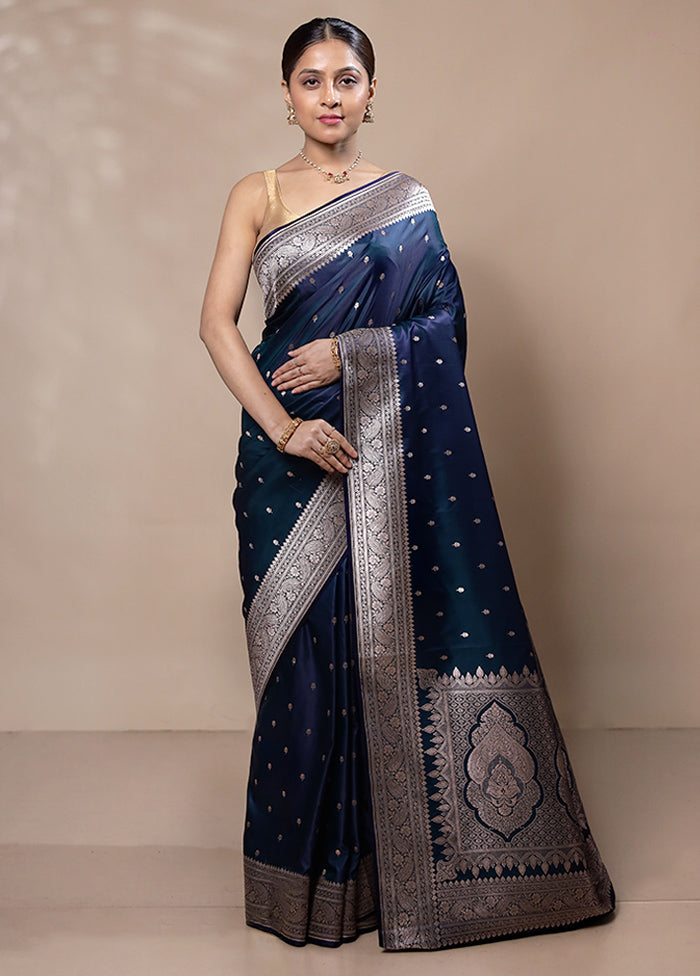 Navy blue Katan Silk Saree With Blouse Piece